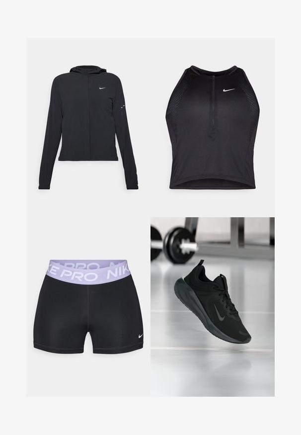 Jachetă neagră cu glugă, cu mâneci lungi, fabricată din material ușor. Dispune de un fermoar frontal, un logo Nike și accente de design subtile.; Top sportiv black, cu croială scurtă, cu fermoar în față, accente din plasă și un design ajustat. Fabricat dintr-un material elastic și respirabil. Logo-ul Nike pe față.; Pantaloni scurți negri cu o textură netedă și o centură lavandă cu eticheta "NIKE PRO." Dispune de un mic logo alb Nike pe picior.; Tenisii sport negru cu logo-ul Nike, arătați în aer deasupra podelei de sală de sport, cu un suport pentru haltere neclar în fundal.