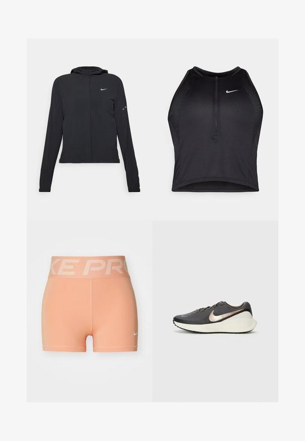 Fekete kapucnis dzseki hosszú ujjakkal, könnyű anyagból készült. Elülső cipzárral, Nike logóval és diszkrét dizájn elemekkel rendelkezik.; Fekete sportos crop top, elöl cipzárral, hálós kiegészítőkkel és testhez álló kialakítással. Rugalmas, lélegző anyagból készült. Nike logó elöl.; Őszibarack színű sportnadrág széles elasztikus derékkal, amelyen a "NIKE PRO" felirat található. Rugalmas anyagból készült, kicsi fehér Nike logóval.; Fekete sportcipő texturált hálós felső résszel, fémes rózsaarany swoosh-sal és fehér párnázott talppal. Gumi külső talp tapadási mintázattal.