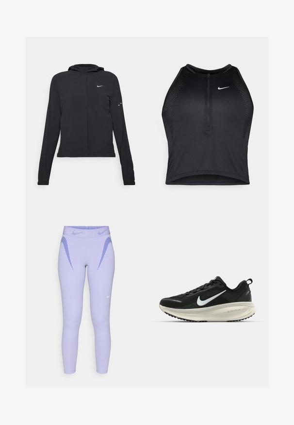 Casaco preto com capuz e mangas longas, feito de material leve. Apresenta um fecho dourado na frente, um logótipo da Nike e detalhes de design subtis.; Top cropped atlético preto com fecho à frente, acentos em malha e um design ajustado. Feito de tecido elástico e respirável. Logótipo da Nike na frente.; Leggings atléticos roxos feitos de material elástico. Apresenta riscas diagonais azuis e um logótipo branco na parte inferior da perna esquerda.; Sapatilha de corrida Nike preta com parte superior de malha respirável, logotipo Swoosh branco, detalhes texturizados e uma entressola ZoomX na cor creme.