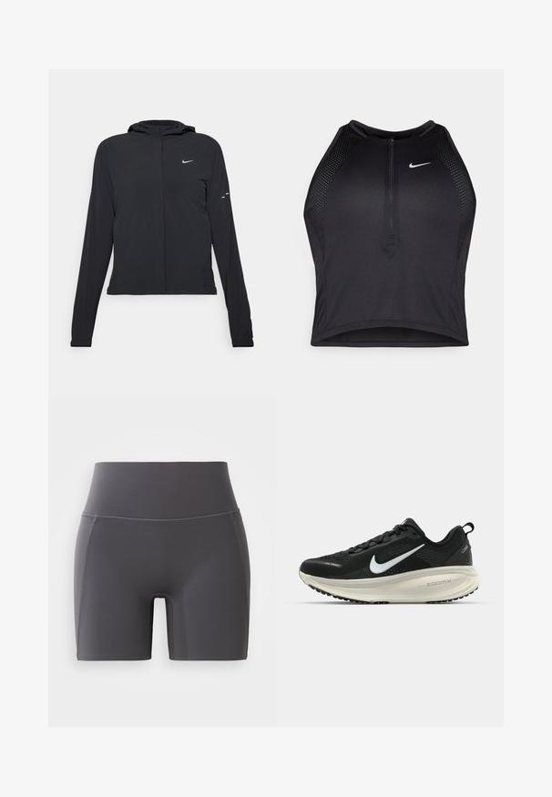 Zwarte kaptrui met lange mouwen, gemaakt van lichtgewicht materiaal. Voorzien van een ritssluiting aan de voorkant, een Nike-logo en subtiele ontwerpelementen.; Zwarte atletische crop top met een rits aan de voorkant, mesh accenten en een aansluitend ontwerp. Gemaakt van rekbare, ademende stof. Nike-logo aan de voorkant.; Grijze sportshorts met een hoge tailleband, gemaakt van gladde, rekbare stof. Voorzien van platte naden en een aansluitend ontwerp.; Zwarte Nike hardloopschoen met ademend mesh bovenwerk, witte swoosh-logo, gestructureerde details en een crèmekleurige ZoomX middenzool.