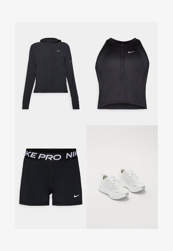 Zwarte kaptrui met lange mouwen, gemaakt van lichtgewicht materiaal. Voorzien van een ritssluiting aan de voorkant, een Nike-logo en subtiele ontwerpelementen.; Zwarte atletische crop top met een rits aan de voorkant, mesh accenten en een aansluitend ontwerp. Gemaakt van rekbare, ademende stof. Nike-logo aan de voorkant.; Zwarte sportshorts met een brede tailleband, voorzien van witte "NIKE PRO" letters, een gladde textuur en een klein wit Nike-logo aan de zijkant.; Witte sportieve schoenen met een gestructureerde mesh bovenkant, een comfortabele zool en subtiele grijze accenten. Inclusief branding en een lus aan de hiel voor eenvoudig aan- en uittrekken.