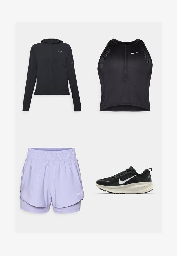 Fekete kapucnis dzseki hosszú ujjakkal, könnyű anyagból készült. Elülső cipzárral, Nike logóval és diszkrét dizájn elemekkel rendelkezik.; Fekete sportos crop top, elöl cipzárral, hálós kiegészítőkkel és testhez álló kialakítással. Rugalmas, lélegző anyagból készült. Nike logó elöl.; Lila sportnadrág, mely könnyű kialakítással, rugalmas derékkal és elöl fehér Nike logóval rendelkezik. Kényelmet nyújtó belső nadrággal rendelkezik.; Fekete Nike futócipő légáteresztő hálós felsőrésszel, fehér Swoosh logóval, textúrázott részletekkel és krém színű ZoomX középtalppal.
