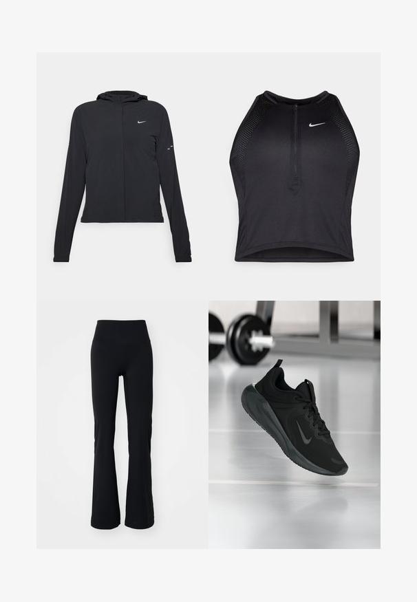 Black hooded jacket with long sleeves, made from lightweight material. Features a front zipper, a Nike logo, and subtle design accents.; Black athletic crop top with a zip-front, mesh accents, and a fitted design. Made from stretchy, breathable fabric. Nike logo on front.; Black flared leggings made from stretch fabric, featuring a high waist and a smooth texture with no visible patterns or embellishments.; Black sports sneaker with Nike logo, shown mid-air on gym floor, with blurred dumbbell rack in background.