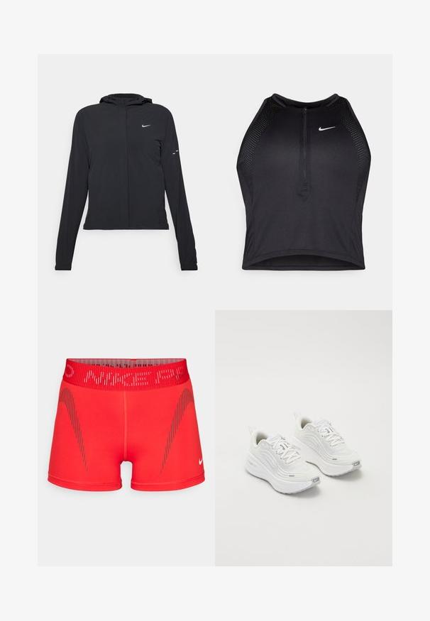 Giacca nera con cappuccio e maniche lunghe, realizzata in materiale leggero. Presenta una zip frontale, il logo Nike e accenti di design sottili.; Top corto atletico nero con zip frontale, dettagli in rete e un design aderente. Realizzato in tessuto elasticizzato e traspirante. Logo Nike sul davanti.; Shorts sportivi rossi con un design aderente, vita elastica e accenti a strisce diagonali grigie. Realizzati in un tessuto elastico e liscio.; Scarpe da ginnastica bianche con tomaia in rete testurizzata, suola ammortizzata e sottili dettagli grigi. Comprendono il branding e una linguetta sul tallone per una facile calzata.