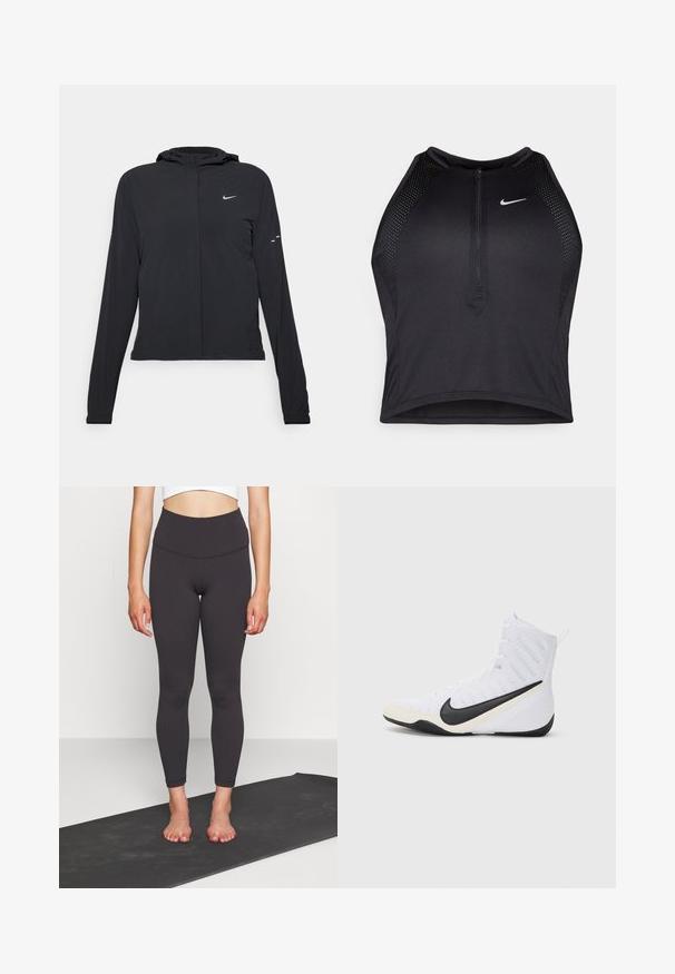 Sort hættetrøje med lange ærmer, lavet af letvægtsmateriale. Har en frontlynlås, et Nike-logo og subtile designaccenter.; Sort sports crop top med lynlås foran, mesh-detaljer og en tætsiddende pasform. Lavet af strækbart, åndbart stof. Nike-logo på forsiden.; Højtaljede sorte leggings i glat, strækbart stof med en tætsiddende silhuet, der slutter ved anklen. Kombiner med en cropped top på en yogamåtte.; Nike atletik sko i hvid med en sort swoosh. Har et højtopdesign, tekstureret overdel og en holdbar gummisål.
