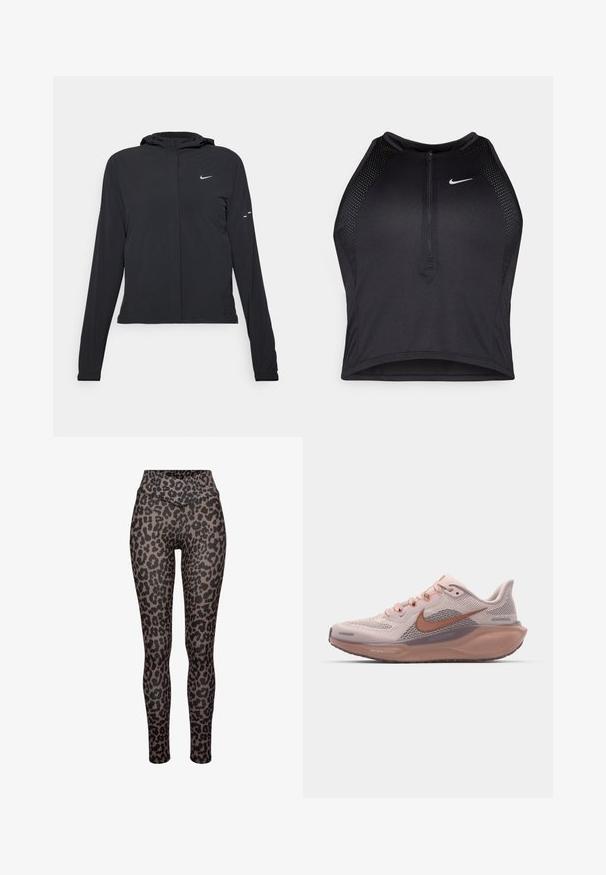 Veste à capuche noire avec des manches longues, fabriquée en matériau léger. Elle comporte une fermeture éclair à l'avant, un logo Nike et des accents de design subtils.; Crop top sportif noir avec fermeture éclair à l'avant, accents en mesh et design ajusté. Fabriqué en tissu extensible et respirant. Logo Nike à l'avant.; Leggings en imprimé léopard avec une taille haute, une texture lisse et une coupe ajustée. Le motif présente des taches sombres de tailles variées sur un fond beige.; Baskets de sport rose clair avec tige en maille, accents marron et semelle texturée. Comprend des lacets et un talon rembourré pour le confort.