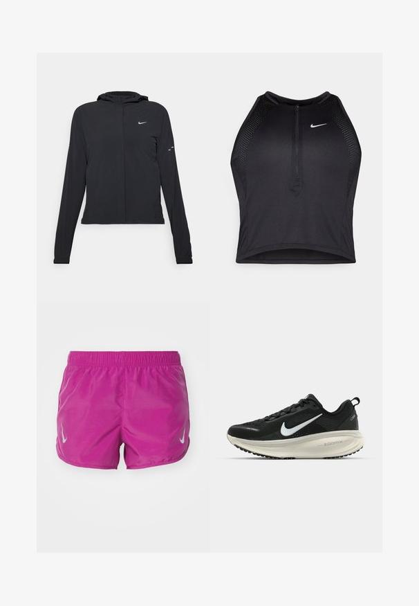 Black hooded jacket with long sleeves, made from lightweight material. Features a front zipper, a Nike logo, and subtle design accents.; Black athletic crop top with a zip-front, mesh accents, and a fitted design. Made from stretchy, breathable fabric. Nike logo on front.; Nike Performance FAST TEMPO SHORT - Sports shorts - hot fuchsia/silver; Black Nike running shoe with breathable mesh upper, white swoosh logo, textured detailing, and a cream-colored ZoomX midsole.