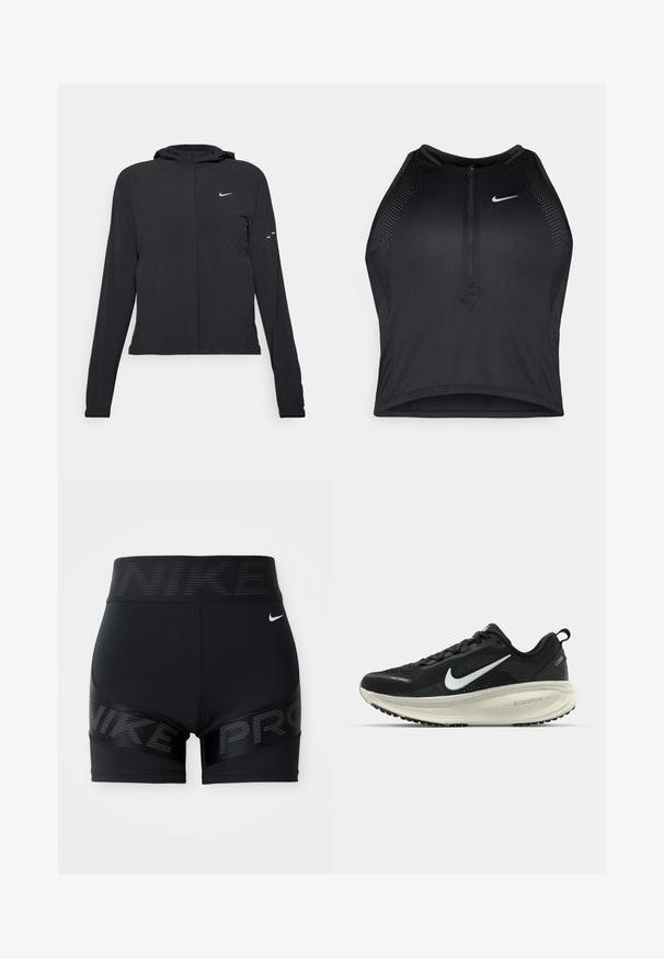 Veste à capuche noire avec des manches longues, fabriquée en matériau léger. Elle comporte une fermeture éclair à l'avant, un logo Nike et des accents de design subtils.; Crop top sportif noir avec fermeture éclair à l'avant, accents en mesh et design ajusté. Fabriqué en tissu extensible et respirant. Logo Nike à l'avant.; Shorts de sport noirs avec une large taille portant le logo "NIKE", texture lisse et accents réfléchissants sur les côtés.; Baskets de course noir Nike avec tige respirante en mesh, logo swoosh blanc, détails texturés et semelle intermédiaire ZoomX de couleur crème.