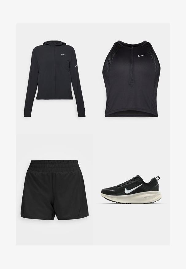 Schwarze Kapuzenjacke mit langen Ärmeln, aus leichtem Material gefertigt. Sie hat einen vorderen Reißverschluss, ein Nike-Logo und dezente Designelemente.; Schwarzes sportliches Crop-Top mit Reißverschluss vorne, Netz-Akzenten und figurnaher Passform. Hergestellt aus dehnbarem, atmungsaktivem Material. Nike-Logo auf der Vorderseite.; Schwarze Sportshorts mit elastischem Bund, glatter Textur und seitlichen Taschen. Sie haben eine mittellange Beinlänge bis zur Mitte des Oberschenkels und ein minimalistisches Design.; Schwarzer Nike-Laufschuh mit atmungsaktivem Mesh-Obermaterial, weißem Swoosh-Logo, strukturierten Details und einer cremefarbenen ZoomX-Zwischensohle.
