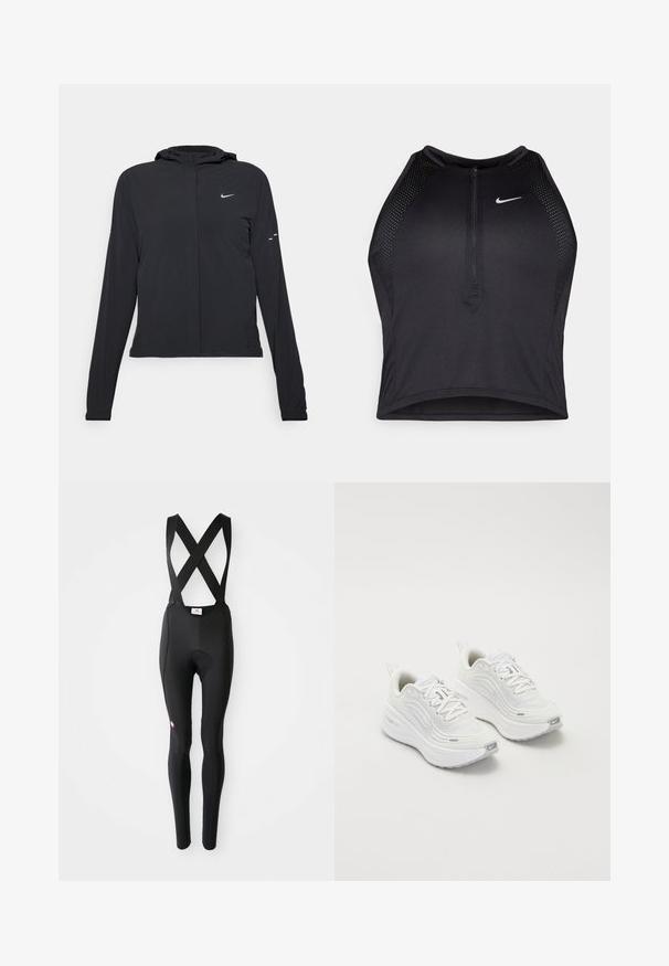 Casaco preto com capuz e mangas longas, feito de material leve. Apresenta um fecho dourado na frente, um logótipo da Nike e detalhes de design subtis.; Top cropped atlético preto com fecho à frente, acentos em malha e um design ajustado. Feito de tecido elástico e respirável. Logótipo da Nike na frente.; Tights de ciclismo pretas com almofada na zona do assento e alças cruzadas, exibidas contra um fundo branco.; Tênis atléticos brancos com um cabedal de malha texturizada, sola acolchoada e discretos detalhes em cinza. Inclui logótipo e aba de calcanhar em laço para facilitar o calçar.