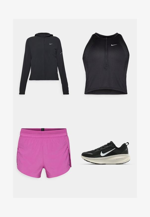 Čierna kapucňová bunda s dlhou rukávou, vyrobená z ľahkého materiálu. Má predný zips, logo Nike a jemné dizajnové akcenty.; Čierny športový crop top so zipsom vpredu, sieťovými prvkami a priliehavým strihom. Vyrobený z pružného, priedušného materiálu. Logo Nike na prednej strane.; Krátke ružové športové šortky s textúrovaným sieťovým pásom, strihané na pohyb, s bočnými rozparkami a čiernym akcentovým logom na jednej strane.; Čierne bežecké topánky Nike s priedušnou sieťovinou, bielym logom s symbolom swoosh, textúrovanými detailmi a krémovou ZoomX medzipodrážkou.