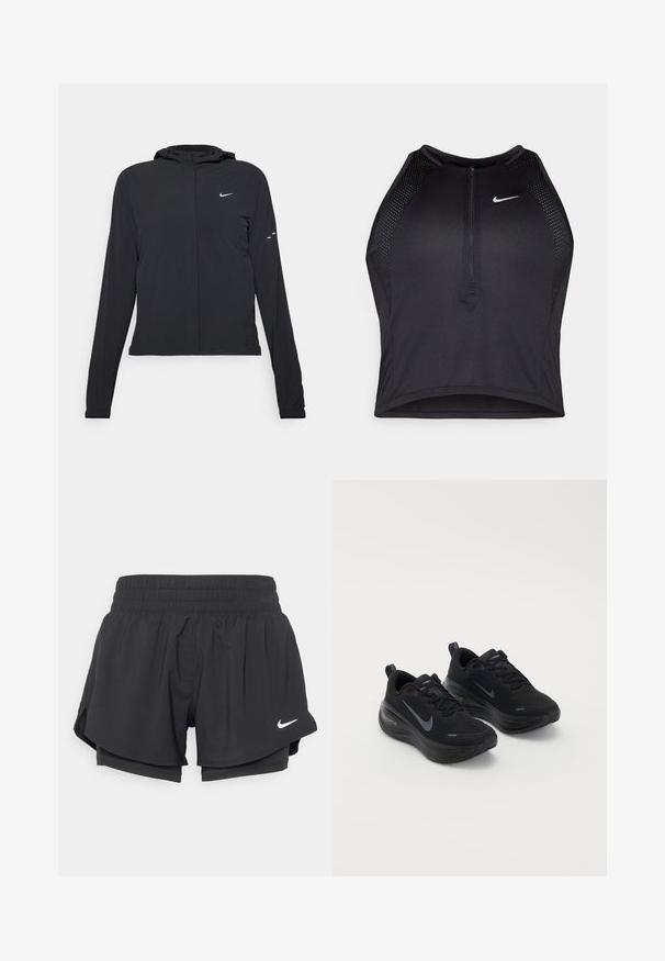 Fekete kapucnis dzseki hosszú ujjakkal, könnyű anyagból készült. Elülső cipzárral, Nike logóval és diszkrét dizájn elemekkel rendelkezik.; Fekete sportos crop top, elöl cipzárral, hálós kiegészítőkkel és testhez álló kialakítással. Rugalmas, lélegző anyagból készült. Nike logó elöl.; Fekete sportnadrág elasztikus derékrésszel, belső béléssel és oldalsó hasítékokkal. A bal elülső oldalon egy fehér Nike logó található.; Fekete sportcipők strukturált felsőrésszel, fűzős kialakítással és vastag, párnázott talppal. Minden oldalon szürke Nike logó található.