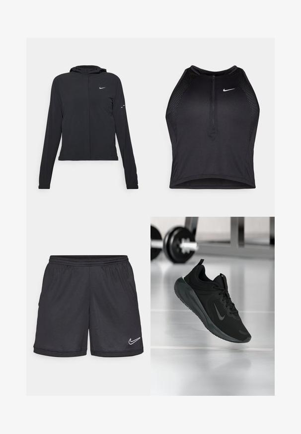 Čierna kapucňová bunda s dlhou rukávou, vyrobená z ľahkého materiálu. Má predný zips, logo Nike a jemné dizajnové akcenty.; Čierny športový crop top so zipsom vpredu, sieťovými prvkami a priliehavým strihom. Vyrobený z pružného, priedušného materiálu. Logo Nike na prednej strane.; Čierne športové šortky s elastickým pásom, s bielym logom Nike na dolnom pravom leme a hladkým, ľahkým materiálom.; Čierne športové tenisky s logom Nike, zobrazené vo vzduchu na podlahe telocvične, s rozmazaným regálom činkami v pozadí.