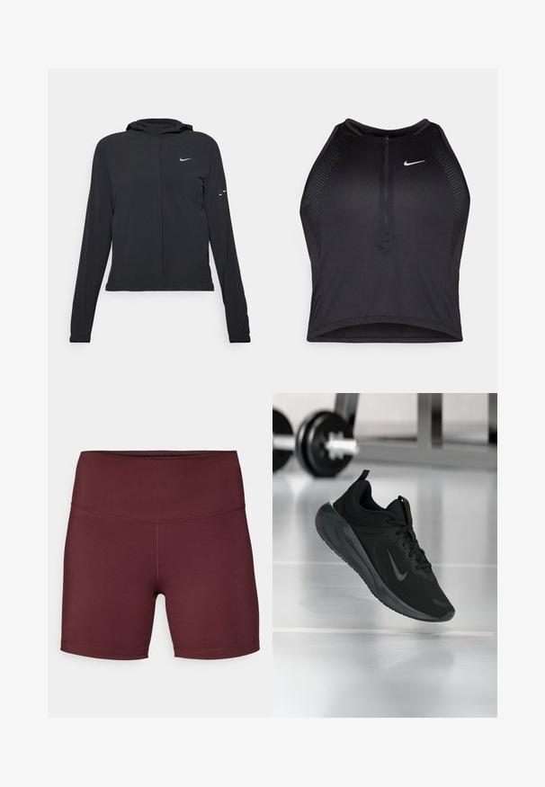 Jachetă neagră cu glugă, cu mâneci lungi, fabricată din material ușor. Dispune de un fermoar frontal, un logo Nike și accente de design subtile.; Top sportiv black, cu croială scurtă, cu fermoar în față, accente din plasă și un design ajustat. Fabricat dintr-un material elastic și respirabil. Logo-ul Nike pe față.; Shorts atletici burgundy cu talie înaltă, realizați dintr-un material neted și elastic; prezintă un design cu cusături plate, fără buzunare.; Tenisii sport negru cu logo-ul Nike, arătați în aer deasupra podelei de sală de sport, cu un suport pentru haltere neclar în fundal.