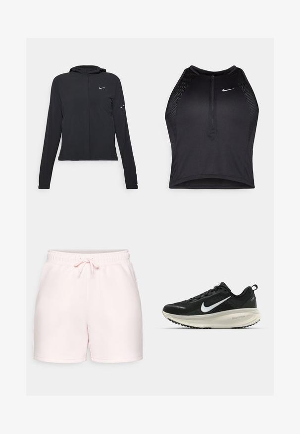 Mustassa hupparissa on pitkät hihat, ja se on valmistettu kevyestä materiaalista. Siinä on edessä vetoketju, Nike-logo ja hillityt muotoiluyksityiskohdat.; Musta urheilullinen crop-top, jossa on vetoketjukiinnitys, verkkokankaiset yksityiskohdat ja istuva malli. Valmistettu joustavasta ja hengittävästä kankaasta. Nike-logo edessä.; Vaaleanpunaiset puuvillashortsit, joissa on joustava vyötärö ja säädettävä nyöri. Ominaisuuksina on yksinkertainen muotoilu ja suora helma lahkeissa.; Mustat Nike-juoksukengät, joissa on hengittävä verkko-osa, valkoinen swoosh-logo, teksturoitu yksityiskohtaus ja kermaisen värinen ZoomX-välipohja.