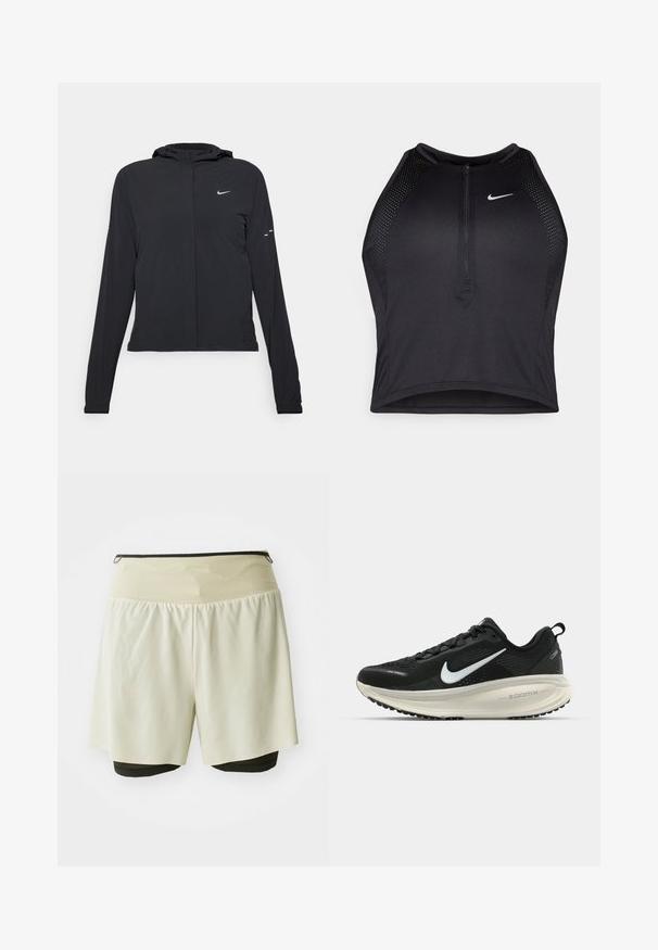Chaqueta negra con capucha y mangas largas, hecha de un material ligero. Presenta un cierre frontal, un logo de Nike y acentos de diseño sutiles.; Top corto deportivo negro con cremallera frontal, detalles de malla y un diseño ajustado. Fabricado con tejido elástico y transpirable. Logo de Nike en la parte frontal.; Pantalones cortos deportivos de color beige claro con un forro interior negro, que cuentan con una amplia cintura elástica y una capa exterior suelta para mayor comodidad.; Zapatilla de running Nike negra con parte superior de malla transpirable, logo Swoosh blanco, detalles texturizados y una entresuela ZoomX de color crema.