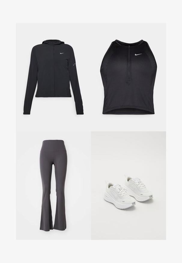 Schwarze Kapuzenjacke mit langen Ärmeln, aus leichtem Material gefertigt. Sie hat einen vorderen Reißverschluss, ein Nike-Logo und dezente Designelemente.; Schwarzes sportliches Crop-Top mit Reißverschluss vorne, Netz-Akzenten und figurnaher Passform. Hergestellt aus dehnbarem, atmungsaktivem Material. Nike-Logo auf der Vorderseite.; Graue, ausgestellte Yogahosen aus elastischem Stoff. Hohe Taille und glatte Textur, mit einem figurbetonten Design bis zu den weit ausgestellten Beinenden.; Weiße Sportschuhe mit einem strukturierten Mesh-Obermaterial, gepolsterter Sohle und dezenten grauen Akzenten. Enthält Branding und eine Schlaufe an der Ferse für einfaches Anziehen.