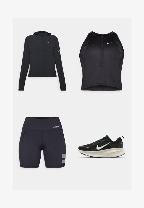 Svart hettegenser med lange ermer, laget av lett materiale. Har glidelås foran, Nike-logo og subtile design detaljer.; Svart idretts crop top med glidelås foran, mesh-detaljer og en figurvennlig design. Laget av elastisk, pustende materiale. Nike-logo på forsiden.; Svarte treningsshorts laget av elastisk stoff. Har flate sømmer, høy midje og mesh-detaljer nær kanten. Merkevaren logo er vist.; Svart Nike løpesko med pustende mesh-overdel, hvit swoosh-logo, teksturert detaljer og en kremfarget ZoomX mellomsåle.