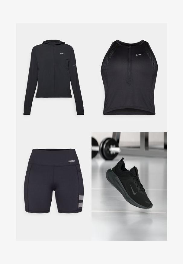Black hooded jacket with long sleeves, made from lightweight material. Features a front zipper, a Nike logo, and subtle design accents.; Black athletic crop top with a zip-front, mesh accents, and a fitted design. Made from stretchy, breathable fabric. Nike logo on front.; Black athletic shorts made of stretch fabric. Features flat seams, a high waistband, and mesh accents near the hem. Brand logo displayed.; Black sports sneaker with Nike logo, shown mid-air on gym floor, with blurred dumbbell rack in background.