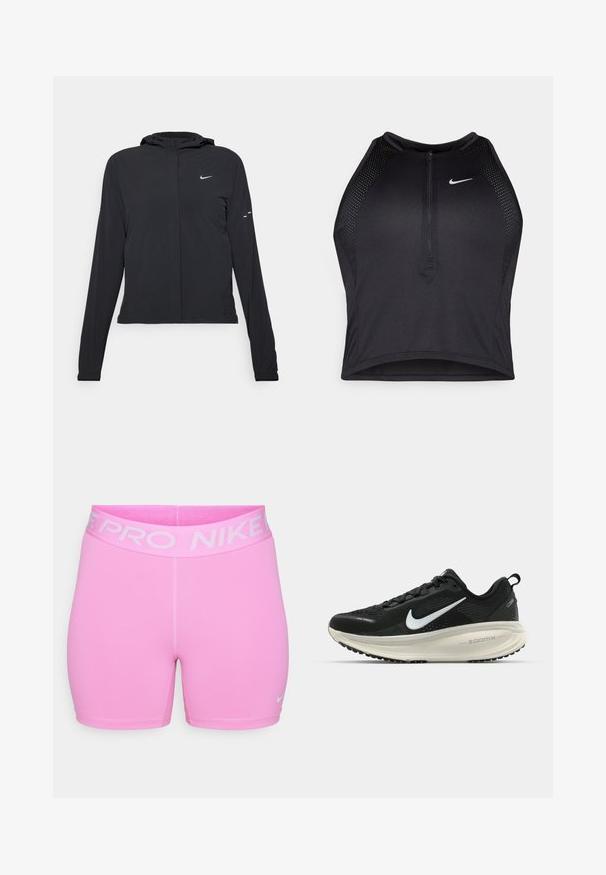 Casaco preto com capuz e mangas longas, feito de material leve. Apresenta um fecho dourado na frente, um logótipo da Nike e detalhes de design subtis.; Top cropped atlético preto com fecho à frente, acentos em malha e um design ajustado. Feito de tecido elástico e respirável. Logótipo da Nike na frente.; Calções Nike Pro em rosa brilhante, feitos de material sintético suave. Apresentam uma cintura larga com logotipo e um design justo, com costura em contraste.; Sapatilha de corrida Nike preta com parte superior de malha respirável, logotipo Swoosh branco, detalhes texturizados e uma entressola ZoomX na cor creme.