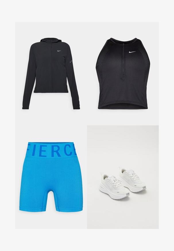 Czarna kurtka z kapturem, z długimi rękawami, wykonana z lekkiego materiału. Posiada zamek błyskawiczny z przodu, logo Nike oraz subtelne akcenty wzornicze.; Czarny sportowy crop top z zamkiem z przodu, z siateczkowymi akcentami i dopasowanym krojem. Wykonany z elastycznego, oddychającego materiału. Logo Nike z przodu.; Niebieskie sportowe szorty wykonane z elastycznej tkaniny, z szerokim pasem z napisem "Fierce" w ciemnoniebieskim kolorze. Gładka powierzchnia i dopasowany krój.; Białe buty sportowe z teksturowaną siateczką u góry, amortyzowana podeszwa i subtelne szare akcenty. Zawierają logo i pętlę z tyłu dla łatwego zakładania.