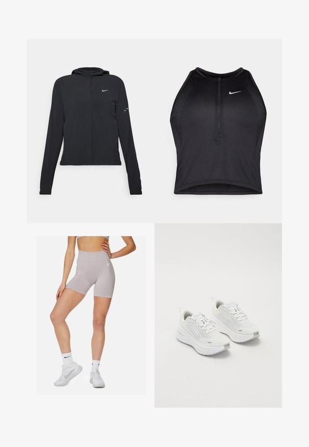 Crna jakna s kapuljačom i dugim rukavima, izrađena od laganog materijala. Ima prednji patentni zatvarač, Nike logo i suptilne dizajnerske detalje.; Crni sportski crop top s patentnim zatvaračem, mrežastim detaljima i prilagođenim dizajnom. Izrađen od rastezljivog, prozračnog materijala. Nike logo na prednjoj strani.; Svijetlosive visoke hlače kratke hlače s glatkom teksturom i suptilnim gradijentnim uzorkom. Imaju mali logo sa strane.; Bijele sportske tenisice s teksturiranim mrežastim gornjim dijelom, podstavljenom potplatom i suptilnim sivim naglascima. Uključuju brendiranje i petlju na peti za lakše obuvanje.