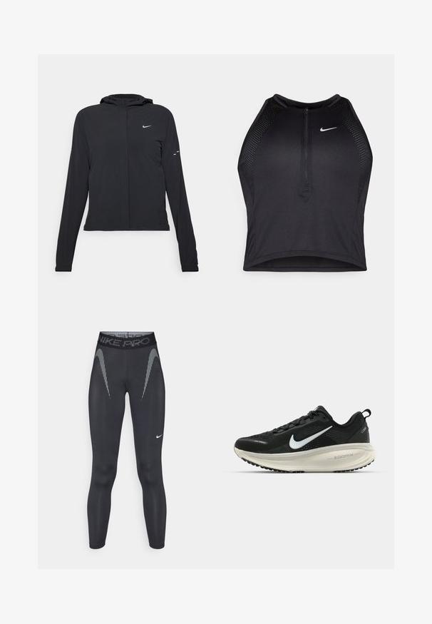Sort hættetrøje med lange ærmer, lavet af letvægtsmateriale. Har en frontlynlås, et Nike-logo og subtile designaccenter.; Sort sports crop top med lynlås foran, mesh-detaljer og en tætsiddende pasform. Lavet af strækbart, åndbart stof. Nike-logo på forsiden.; Sorte sportsleggings med høj talje, der har reflekterende skrå striber og et lille hvidt logo nederst på venstre ben.; Sort Nike løbesko med åndbart mesh-overdel, hvidt swoosh-logo, tekstureret detaljering og en cremede ZoomX mellemsål.