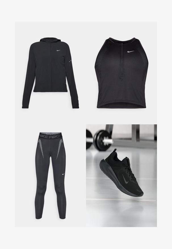 Jachetă neagră cu glugă, cu mâneci lungi, fabricată din material ușor. Dispune de un fermoar frontal, un logo Nike și accente de design subtile.; Top sportiv black, cu croială scurtă, cu fermoar în față, accente din plasă și un design ajustat. Fabricat dintr-un material elastic și respirabil. Logo-ul Nike pe față.; Leggings negre de atletism cu talie înaltă, decorate cu dungi diagonale reflective și un mic logo alb în partea stângă jos.; Tenisii sport negru cu logo-ul Nike, arătați în aer deasupra podelei de sală de sport, cu un suport pentru haltere neclar în fundal.