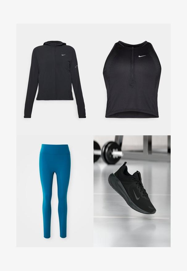 Casaco preto com capuz e mangas longas, feito de material leve. Apresenta um fecho dourado na frente, um logótipo da Nike e detalhes de design subtis.; Top cropped atlético preto com fecho à frente, acentos em malha e um design ajustado. Feito de tecido elástico e respirável. Logótipo da Nike na frente.; Leggings teal com uma cintura alta, apresentando uma textura suave e um design ajustado. Estilo minimalista, adequado para vestir durante atividades físicas.; Sapatilha desportiva preta com o logotipo da Nike, mostrada em pleno ar sobre o chão do ginásio, com um suporte de halteres desfocado ao fundo.