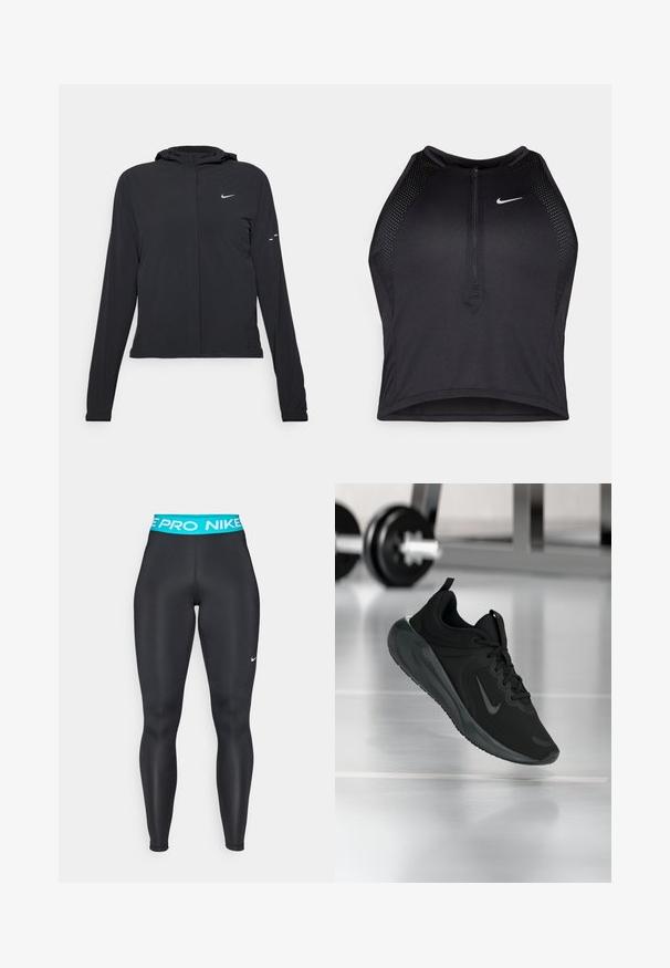 Casaco preto com capuz e mangas longas, feito de material leve. Apresenta um fecho dourado na frente, um logótipo da Nike e detalhes de design subtis.; Top cropped atlético preto com fecho à frente, acentos em malha e um design ajustado. Feito de tecido elástico e respirável. Logótipo da Nike na frente.; Leggings atléticos pretos com uma cintura elástica turquesa, apresentando um logo branco da Nike na perna esquerda. Material liso e elástico.; Sapatilha desportiva preta com o logotipo da Nike, mostrada em pleno ar sobre o chão do ginásio, com um suporte de halteres desfocado ao fundo.