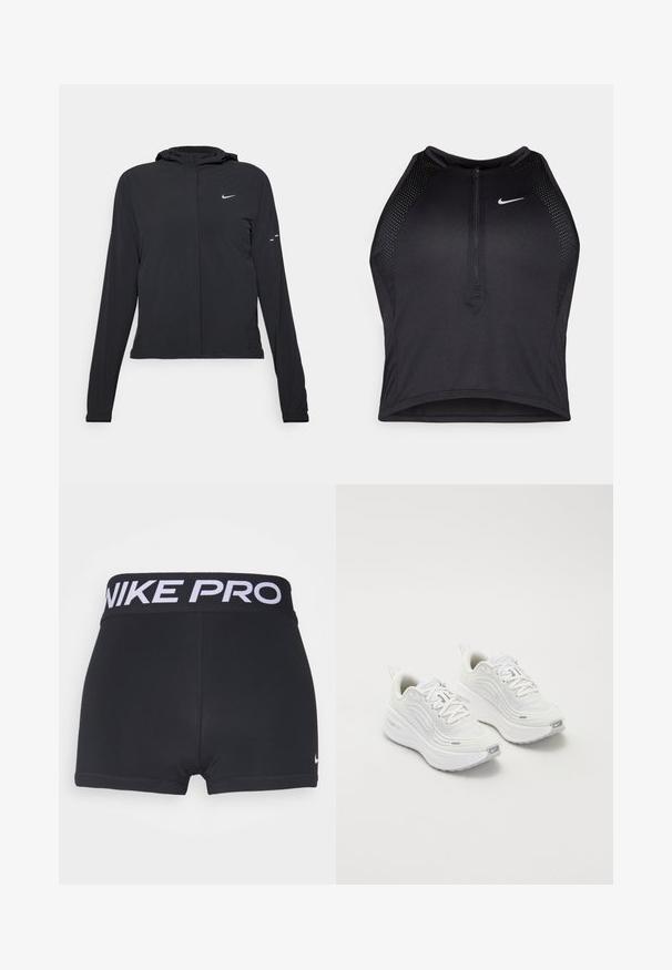 Zwarte kaptrui met lange mouwen, gemaakt van lichtgewicht materiaal. Voorzien van een ritssluiting aan de voorkant, een Nike-logo en subtiele ontwerpelementen.; Zwarte atletische crop top met een rits aan de voorkant, mesh accenten en een aansluitend ontwerp. Gemaakt van rekbare, ademende stof. Nike-logo aan de voorkant.; Zwarte sportshorts met een brede, zwarte tailleband waarop "NIKE PRO" in het wit staat. Glad, rekbaar materiaal en afwerkingen van de zoom zijn zichtbaar.; Witte sportieve schoenen met een gestructureerde mesh bovenkant, een comfortabele zool en subtiele grijze accenten. Inclusief branding en een lus aan de hiel voor eenvoudig aan- en uittrekken.