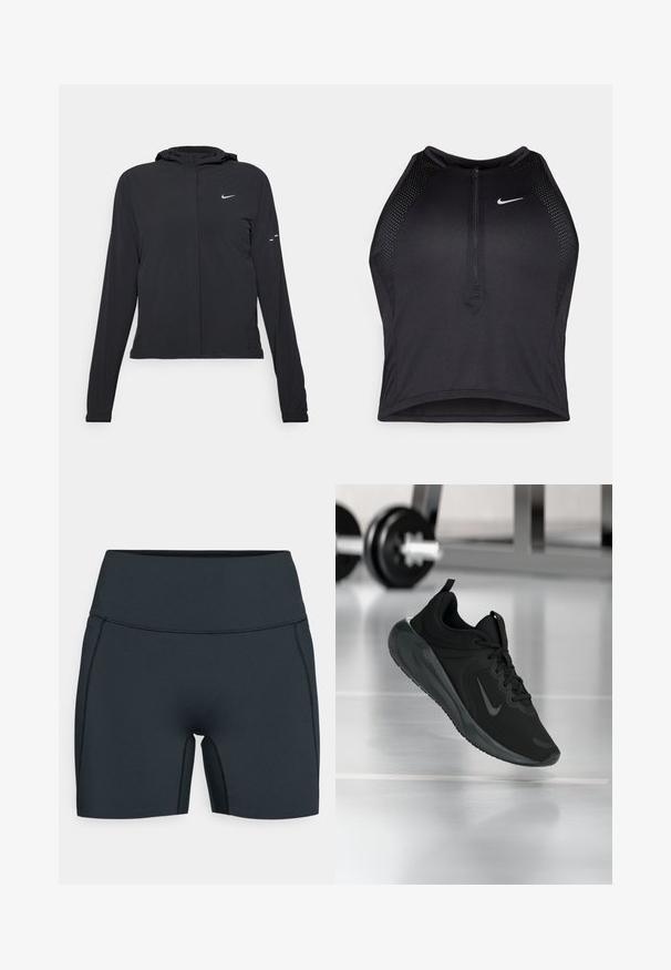 Čierna kapucňová bunda s dlhou rukávou, vyrobená z ľahkého materiálu. Má predný zips, logo Nike a jemné dizajnové akcenty.; Čierny športový crop top so zipsom vpredu, sieťovými prvkami a priliehavým strihom. Vyrobený z pružného, priedušného materiálu. Logo Nike na prednej strane.; Čierne atletické nohavice vyrobené z elastického materiálu, s vysokým pásom, bočnými švami a elegantným dizajnom pre komfort a pohyb.; Čierne športové tenisky s logom Nike, zobrazené vo vzduchu na podlahe telocvične, s rozmazaným regálom činkami v pozadí.