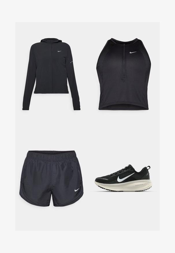Svart huva jacka med långa ärmar, gjord av lätt material. Har en framdragare, en Nike-logotyp och subtila designelement.; Svart atletisk crop top med dragkedja framtill, nätdetaljer och en figurnära design. Tillverkad av elastiskt, andningsbart material. Nike-logga på framsidan.; Svarta träningsbyxor med elastisk midja, tillverkade av lätt material, med en liten vit Nike-logotyp på vänster sida.; Svart Nike löparsko med andningsbart mesh-ovandel, vit swoosh-logotyp, texturerad detaljering och en krämfärgad ZoomX-mellansula.