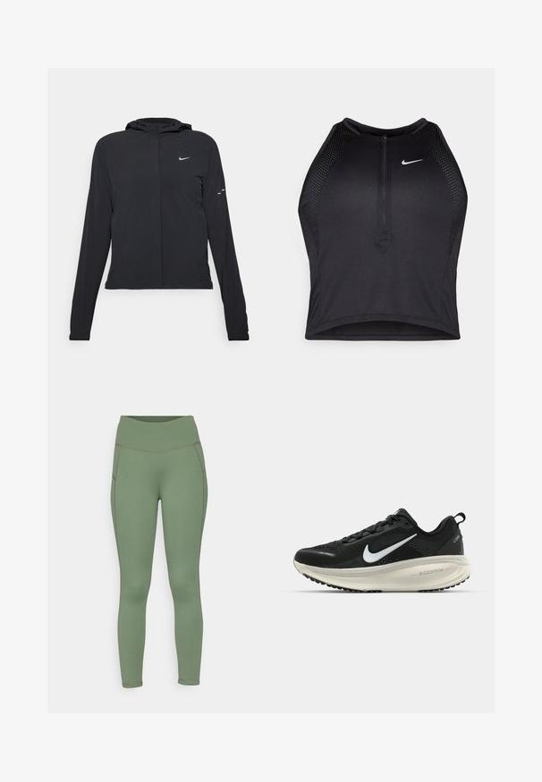 Svart hettegenser med lange ermer, laget av lett materiale. Har glidelås foran, Nike-logo og subtile design detaljer.; Svart idretts crop top med glidelås foran, mesh-detaljer og en figurvennlig design. Laget av elastisk, pustende materiale. Nike-logo på forsiden.; Grønne treningsleggings med høy liv, laget av elastisk materiale, med flatlock-sømmer og en glatt tekstur.; Svart Nike løpesko med pustende mesh-overdel, hvit swoosh-logo, teksturert detaljer og en kremfarget ZoomX mellomsåle.