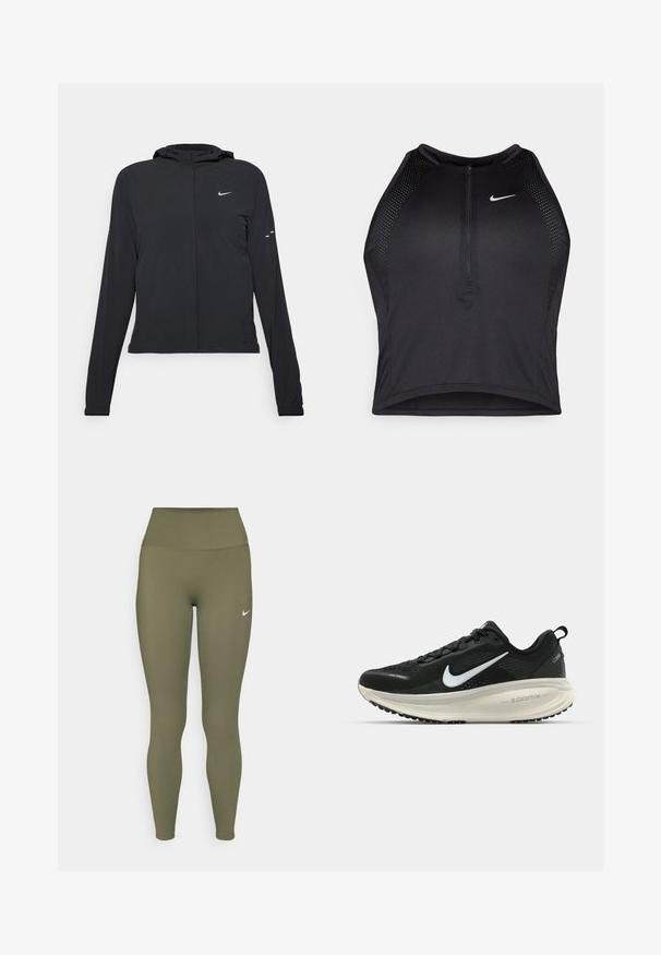 Crna jakna s kapuljačom i dugim rukavima, izrađena od laganog materijala. Ima prednji patentni zatvarač, Nike logo i suptilne dizajnerske detalje.; Crni sportski crop top s patentnim zatvaračem, mrežastim detaljima i prilagođenim dizajnom. Izrađen od rastezljivog, prozračnog materijala. Nike logo na prednjoj strani.; Maslinaste zelene tajice s visokim pojasom, izrađene od glatkog, rastezljivog materijala, s malim bijelim logotipom blizu pojasa.; Crne Nike trkačke tenisice s prozračnom mrežastom gornjom konstrukcijom, bijelim swoosh logotipom, teksturiranim detaljima i kremastom ZoomX srednjom potplatnom jedinicom.
