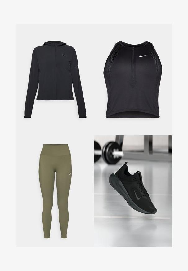 Must musta kapuutsiga jakk, millel on pikad varrukad ja mis on valmistatud kergetest materjalidest. Omab esitaskut, Nike logo ja kergelt silmatorkavaid disainiaktsente.; Must negra spordiline crop top, millel on lukk ees, võrgukangast detailid ja vormiv disain. Valmistatud venivast ja hingavast kangast. Nike logo ees.; Oliivrohelised legginsid kõrgendatud vöökohtaga, valmistatud siledast, venivast materjalist, millel on väike valge logo vöökoha lähedal.; Mustad mustang spordijalatsid Nike logo'ga, õhus spordisaali põrandal, häguste hantlite riiulitega taustal.