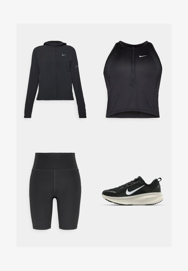 Giacca nera con cappuccio e maniche lunghe, realizzata in materiale leggero. Presenta una zip frontale, il logo Nike e accenti di design sottili.; Top corto atletico nero con zip frontale, dettagli in rete e un design aderente. Realizzato in tessuto elasticizzato e traspirante. Logo Nike sul davanti.; Pantaloni corti neri in tessuto elasticizzato, caratterizzati da una vita alta e cuciture piatte, con una texture liscia e senza motivi visibili.; Scarpa da corsa nera Nike con tomaia in rete traspirante, logo Swoosh bianco, dettagli testurizzati e intersuola ZoomX di colore crema.