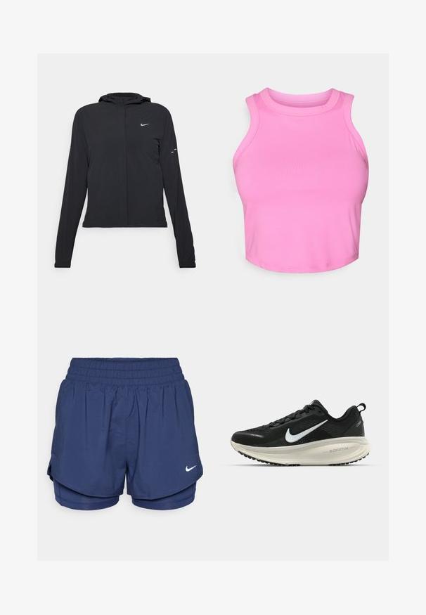 Veste à capuche noire avec des manches longues, fabriquée en matériau léger. Elle comporte une fermeture éclair à l'avant, un logo Nike et des accents de design subtils.; Top court rose avec un col haut et un design sans manches. Fabriqué en tissu lisse et extensible, sans motifs ni matériel visible.; Shorts de sport double épaisseur bleu marine avec taille élastique et logo Nike swoosh blanc sur le côté droit à l'avant.; Baskets de course noir Nike avec tige respirante en mesh, logo swoosh blanc, détails texturés et semelle intermédiaire ZoomX de couleur crème.