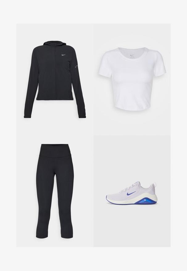 Must musta kapuutsiga jakk, millel on pikad varrukad ja mis on valmistatud kergetest materjalidest. Omab esitaskut, Nike logo ja kergelt silmatorkavaid disainiaktsente.; Valge, lühikeste käistega lühike topp, mis on valmistatud siledast sünteetilisest materjalist. Omab ümarat kaelust ja Nike logo krae sees.; Mustad mustad õhukesed leggingud, mis on valmistatud venivast kangast, kõrge vöökoha ja siledaga, ilma nähtavate mustrite või metalldetailideta.; Heledane lillad spordijalatsid, millel on hingav võrkpealispind, valge vaheos ja sinine aktsent kannal ja tallal. Omab paelu ja logo.