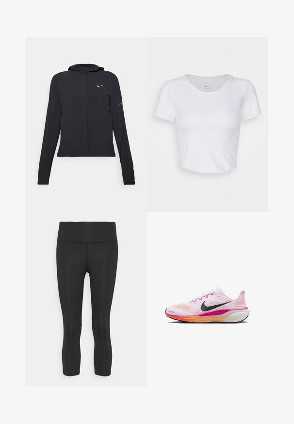 Giacca nera con cappuccio e maniche lunghe, realizzata in materiale leggero. Presenta una zip frontale, il logo Nike e accenti di design sottili.; Crop top bianco a maniche corte realizzato in materiale sintetico liscio. Presenta un collo rotondo e il logo Nike all'interno del colletto.; Leggings capri neri realizzati in materiale liscio ed elastico. Presentano una vita alta e ampia senza motivi o dettagli visibili.; Scarpa da corsa bianca con tomaia in mesh, dettagli rosa e arancione, logo swoosh nero, suola in gomma e intersuola imbottita per il comfort.