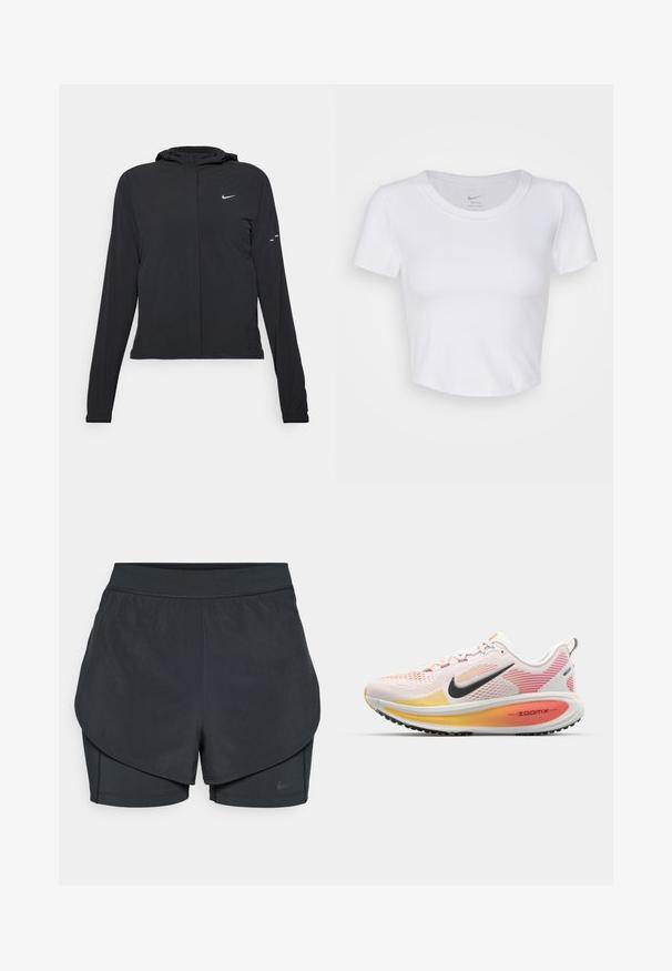 Must musta kapuutsiga jakk, millel on pikad varrukad ja mis on valmistatud kergetest materjalidest. Omab esitaskut, Nike logo ja kergelt silmatorkavaid disainiaktsente.; Valge, lühikeste käistega lühike topp, mis on valmistatud siledast sünteetilisest materjalist. Omab ümarat kaelust ja Nike logo krae sees.; Mustad musta sportlikud lühikesed püksid kihilise disainiga, millel on sile välimine kiht ja istuvad sisepüksid. Valmistatud kergest, venivast kangast.; Nike Performance VOMERO 18 - Maanteejooksu jalatsid - white/black/bright crimson/laser orange/light crimson