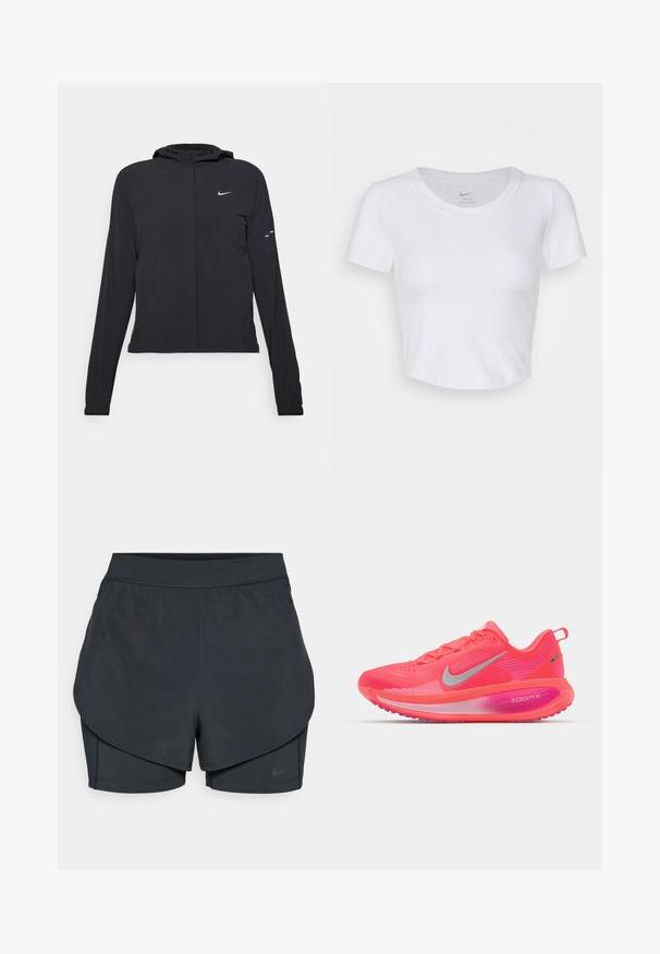 Casaco preto com capuz e mangas longas, feito de material leve. Apresenta um fecho dourado na frente, um logótipo da Nike e detalhes de design subtis.; Top cropped branco, de mangas curtas, feito de material sintético suave. Apresenta um decote redondo e o logotipo da Nike dentro da gola.; Calções desportivos pretos com um design em camadas, apresentando uma camada exterior suave e calções interiores ajustados. Feitos de um tecido leve e elástico.; Nike Performance VOMERO 18 - Sapatos para corrida em estrada - bright crimson/white/hyper pink/pink foam