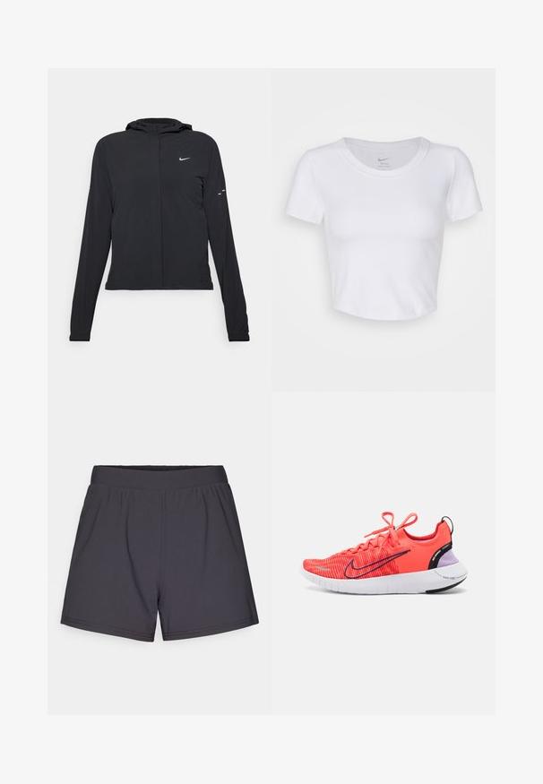 Svart hettegenser med lange ermer, laget av lett materiale. Har glidelås foran, Nike-logo og subtile design detaljer.; Hvit, kortermet crop top laget av glatt, syntetisk materiale. Har rund halslinning og Nike-logo inni kragen.; Svarte idrettsshorts laget av lett, elastisk stoff. Har en elastisk midje og et enkelt, uornamentert design.; Lyse korallfarge løpesko med svarte og lilla detaljer, hvit såle, Nike swoosh-logo og knyttede lisser, sett fra siden mot en ensfarget bakgrunn.