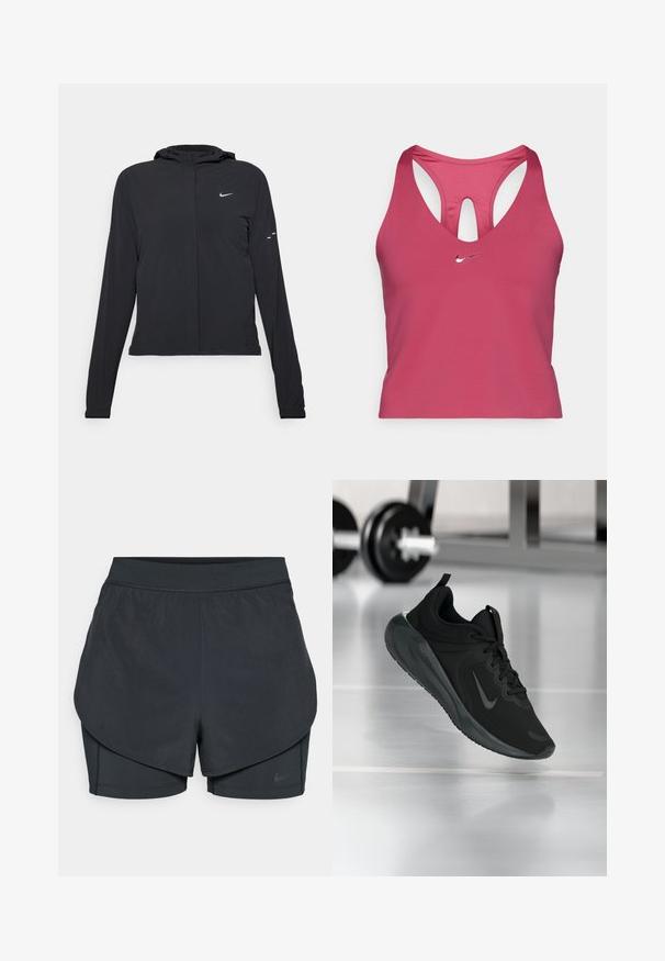 Crna jakna s kapuljačom i dugim rukavima, izrađena od laganog materijala. Ima prednji patentni zatvarač, Nike logo i suptilne dizajnerske detalje.; Roza Nike sport bra s mrežastim leđima, sa dubokim V-izrezom i izrezanim detaljem. Mali srebrni logo sprijeda. Mekani, rastezljivi materijal.; Crne atletske kratke hlače s višeslojnim dizajnom, koje sadrže glatki vanjski sloj i uske unutarnje hlače. Izrađene od lagane, rastezljive tkanine.; Crna sportska tenisica s Nike logotipom, prikazana u zraku na podu teretane, s mutnom stalcem za bučice u pozadini.