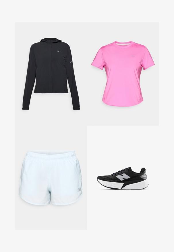 Casaco preto com capuz e mangas longas, feito de material leve. Apresenta um fecho dourado na frente, um logótipo da Nike e detalhes de design subtis.; Camisola atlética rosa de mangas curtas feita de material leve e suave. Apresenta um decote redondo e um pequeno logotipo refletor na frente.; Calções atléticos azul claro com faixa elástica na cintura, bainha curva, detalhe em logotipo prateado no lado inferior direito, feitos de um tecido leve.; Sapatilha de corrida New Balance em preto e branco, com sola espessa, parte superior de malha e logótipo "N" de lado, vista do lado externo.