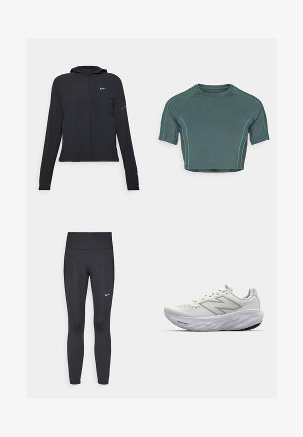 Casaco preto com capuz e mangas longas, feito de material leve. Apresenta um fecho dourado na frente, um logótipo da Nike e detalhes de design subtis.; Top curto feito de tecido verde escuro, com mangas curtas, costura em verde claro em contraste e com um decote redondo em design ajustado.; Leggings pretos feitos de tecido elástico, com uma cintura alta e um logo branco da Nike na coxa esquerda. Textura suave, design ajustado ao corpo.; Ténis atléticos brancos com parte superior em malha, apresentando um colarinho acolchoado, sola texturizada e a marcação "Fresh Foam" na entressola.
