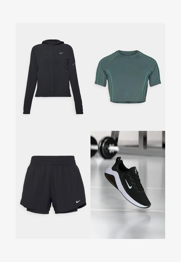 Čierna kapucňová bunda s dlhou rukávou, vyrobená z ľahkého materiálu. Má predný zips, logo Nike a jemné dizajnové akcenty.; Kraťasový top vyrobený z tmavozelenej tkaniny, s krátkymi rukávmi, kontrastným svetlozeleným stehom a okrúhlym výstrihom s priliehavým strihom.; Čierne športové šortky s elastickým pásom, vnútornou podšívkou a bielym logom Nike na dolnej ľavej strane. Hladká, ľahká tkanina.; Čierna športová obuv s sieťovaným zvrškom, bielou podrážkou a logom Nike. Obsahuje zaoblenú špičku a textúrované akcenty. Zavesená nad podlahou fitnes centra.