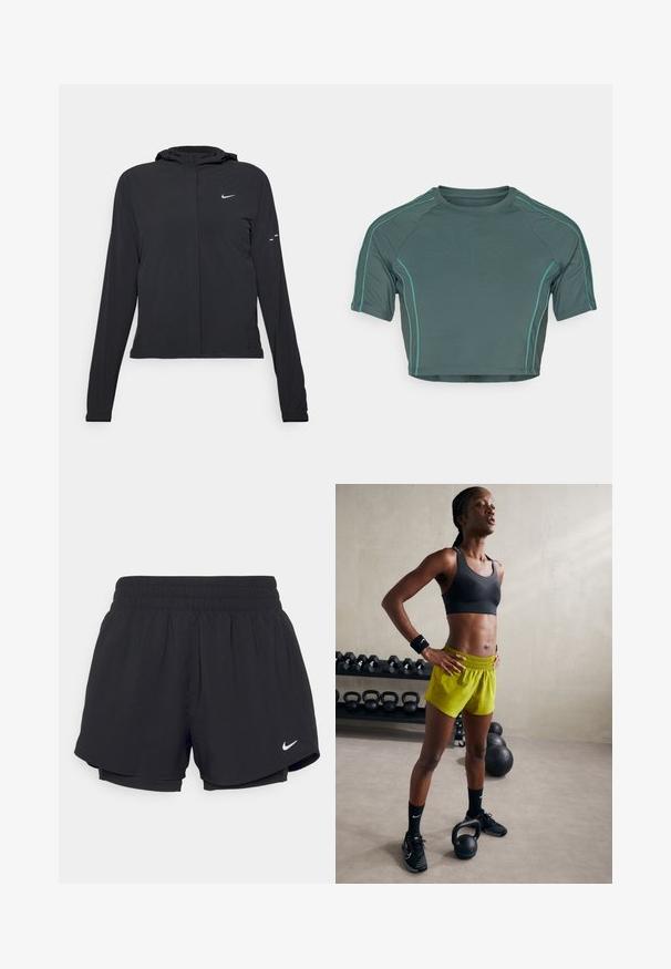 Jachetă neagră cu glugă, cu mâneci lungi, fabricată din material ușor. Dispune de un fermoar frontal, un logo Nike și accente de design subtile.; Top scurt din țesătură verde închis, cu mâneci scurte, cusături contrastante de un verde deschis și un decolteu rotund, având un design ajustat.; Shorts atletici negri cu un talie elastică strânsă, căptușeală interioară și logo-ul alb Nike în partea stângă jos. Material neted și ușor.; Sutien sport negru, pantaloni scurți galbeni strălucitori cu talie elastică, pantofi sport negri și brățări pe încheietură, stând lângă kettlebells.