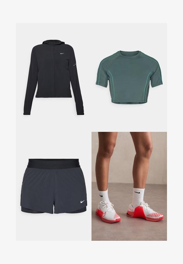 Mustassa hupparissa on pitkät hihat, ja se on valmistettu kevyestä materiaalista. Siinä on edessä vetoketju, Nike-logo ja hillityt muotoiluyksityiskohdat.; Lyhythihainen tummanvihreä crop top, jossa on vaaleanvihreät tikkaukset ja pyöreä pääntie, istuva malli.; Mustat urheilushortsit, joissa on joustava vyötärö. Shortseissa on kerroksellinen muotoilu ja pieni valkoinen Nike-logo vasemmassa alareunassa. Kevyt materiaali.; Valkoiset urheilukengät punaisilla yksityiskohdilla, joissa on teksturoitu verkkopinta, kumipohja ja valkoiset ribbivartiset sukat, joissa on musta logo.