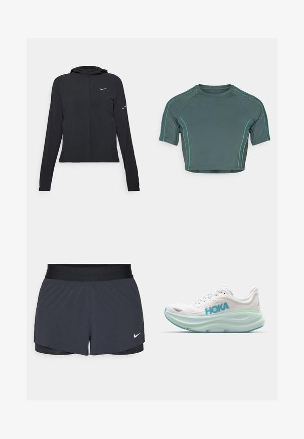 Svart hettegenser med lange ermer, laget av lett materiale. Har glidelås foran, Nike-logo og subtile design detaljer.; Crop top laget av mørkegrønt stoff med korte ermer, kontrasterende lysgrønn søm, og rund hals med en tettsittende design.; Sorte treningshorts med elastisk midjebånd, med lagdelt design og liten hvit Nike-logo på nederste venstre side. Lett materiale.; Hvit løpesko med en polstret såle, blå detaljer og mesh-overdel. Har fremtredende logo og teksturert såle for grep.